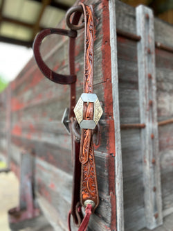 TM Leather Chocolate and Natural Tooled Ear Loop Headstall w/ Vine Diamond Buckles