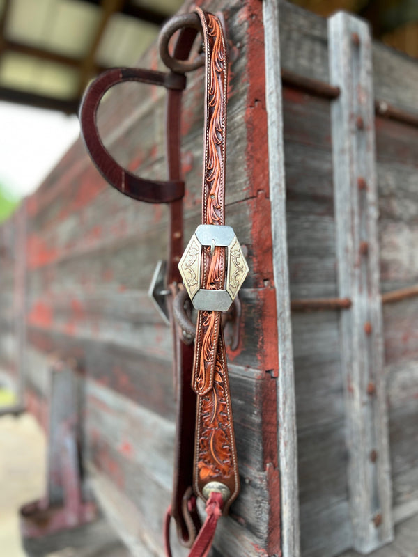 TM Leather Chocolate and Natural Tooled Ear Loop Headstall w/ Vine Diamond Buckles