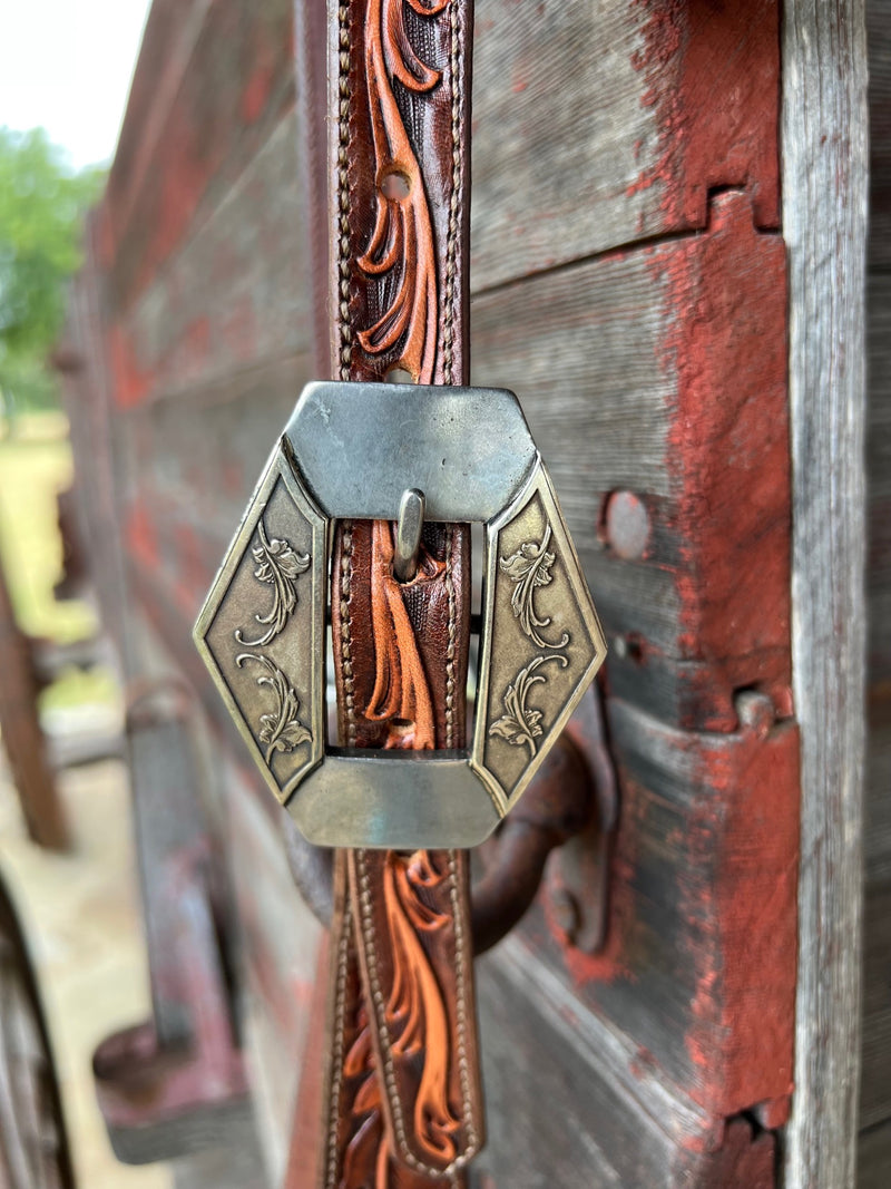 TM Leather Chocolate and Natural Tooled Ear Loop Headstall w/ Vine Diamond Buckles