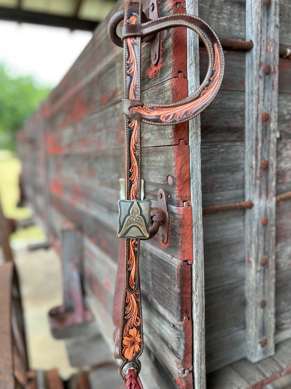 TM Leather Chocolate and Natural Tooled Ear Loop Headstall w/ Engraved Square Buckles