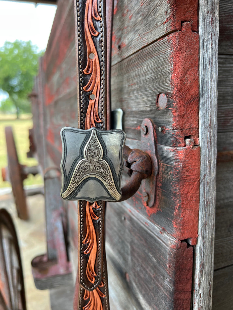 TM Leather Chocolate and Natural Tooled Ear Loop Headstall w/ Engraved Square Buckles