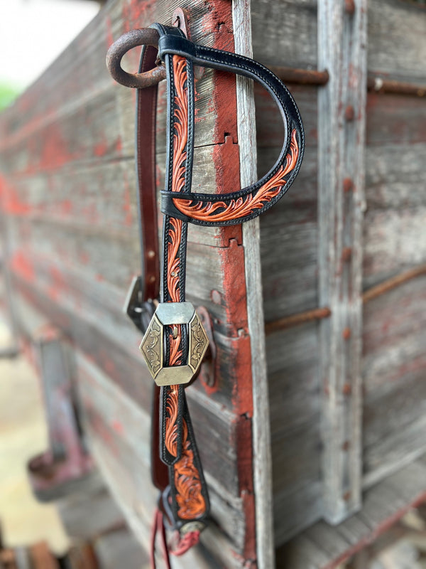 TM Leather Black and Natural Tooled Ear Loop Headstall w/ Vine Diamond Buckles