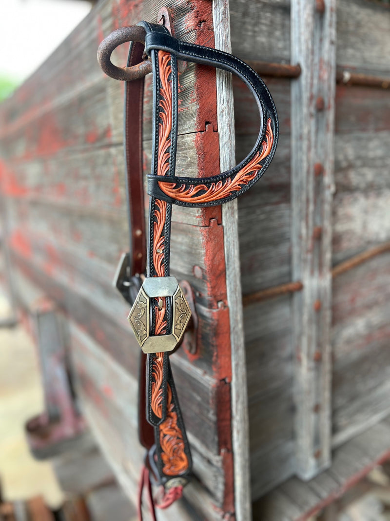 TM Leather Black and Natural Tooled Ear Loop Headstall w/ Vine Diamond Buckles