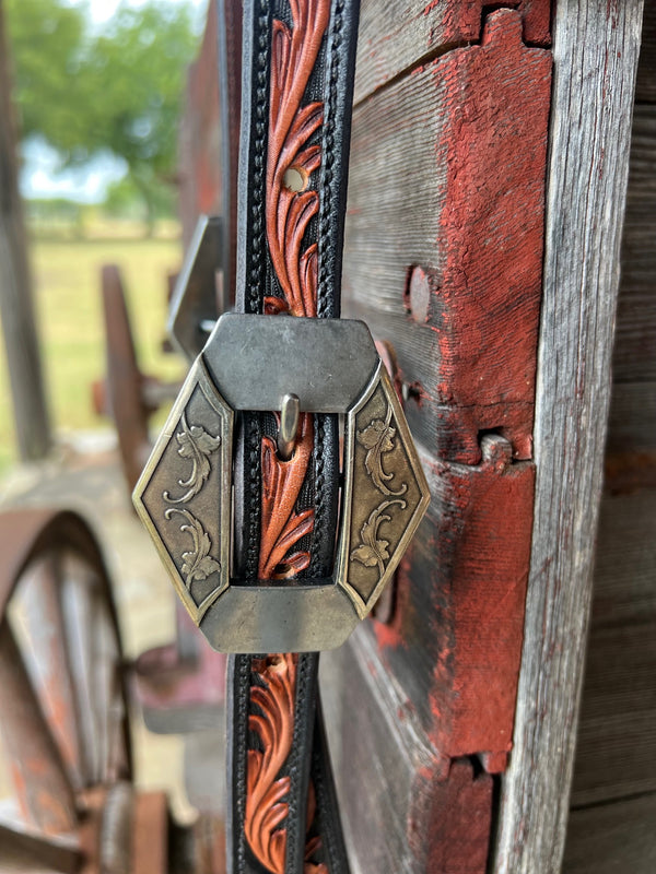 TM Leather Black and Natural Tooled Ear Loop Headstall w/ Vine Diamond Buckles