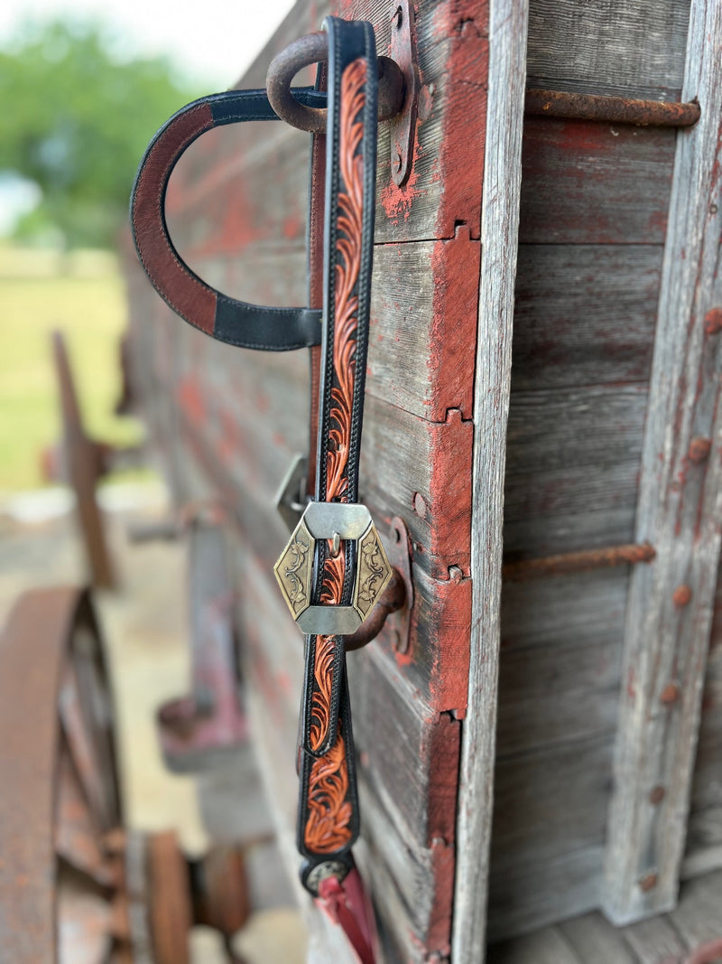 TM Leather Black and Natural Tooled Ear Loop Headstall w/ Vine Diamond Buckles