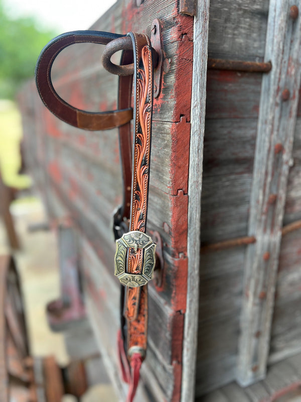 TM Leather Chocolate and Natural Tooled Ear Loop Headstall w/ Floral and Scroll Buckles