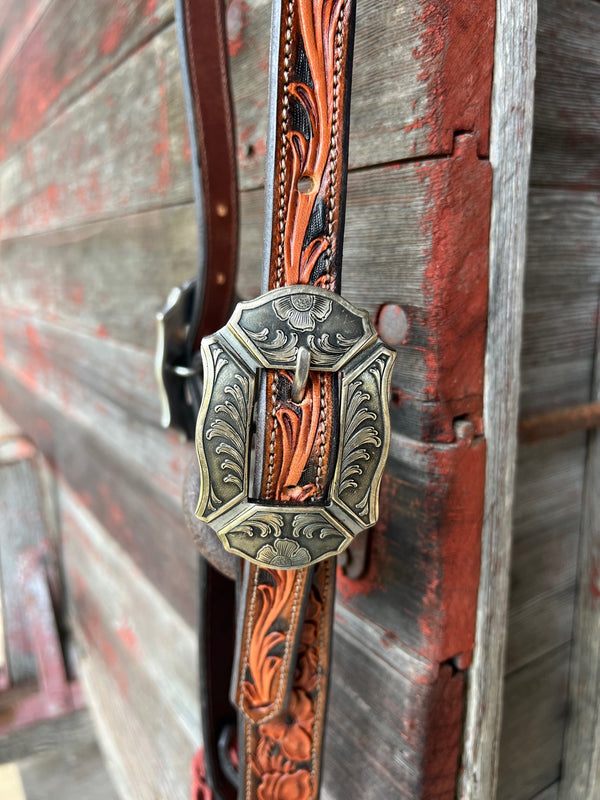 TM Leather Chocolate and Natural Tooled Ear Loop Headstall w/ Floral and Scroll Buckles