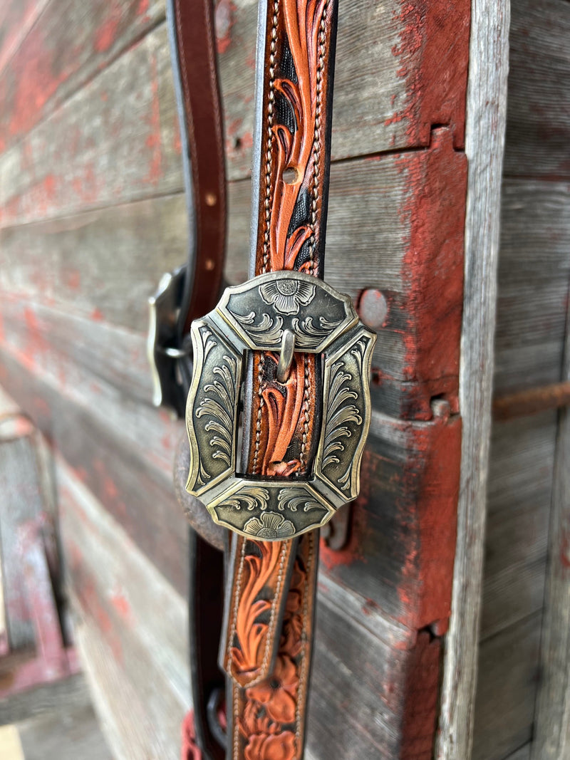 TM Leather Chocolate and Natural Tooled Ear Loop Headstall w/ Floral and Scroll Buckles