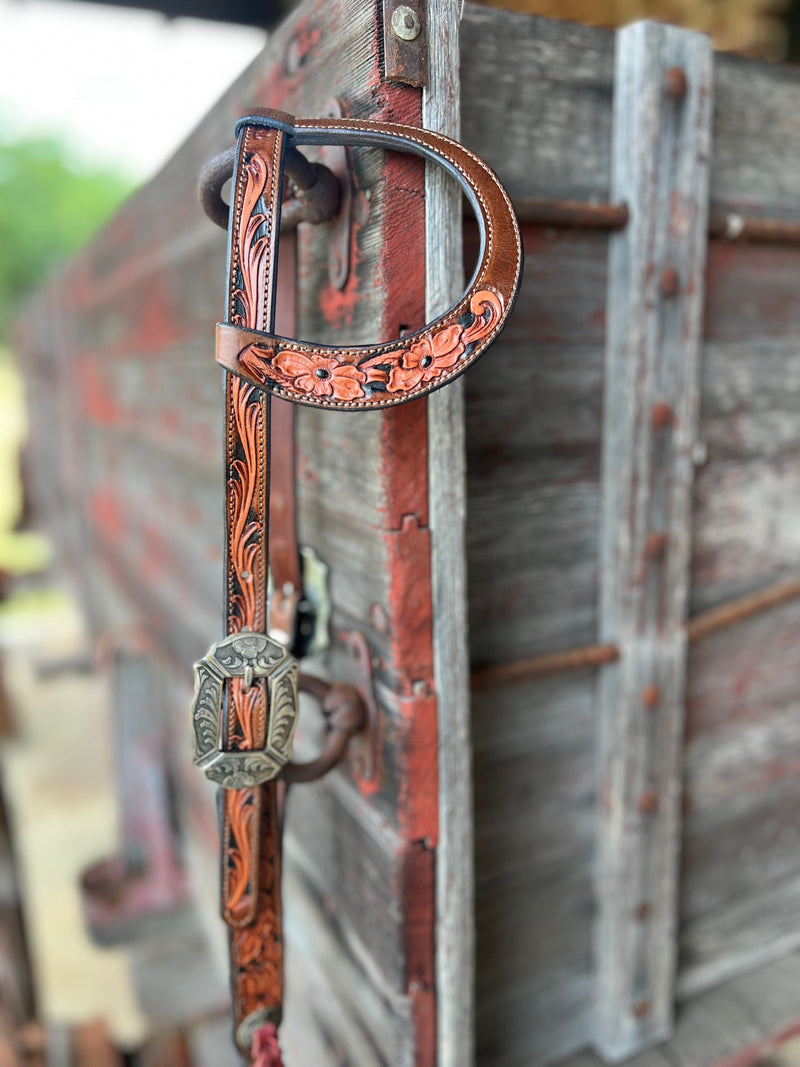 TM Leather Chocolate and Natural Tooled Ear Loop Headstall w/ Floral and Scroll Buckles