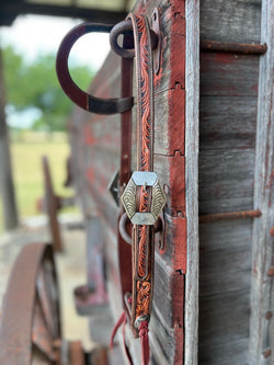 TM Leather Chocolate and Natural Tooled Ear Loop Headstall w/ Scroll Diamond Buckles