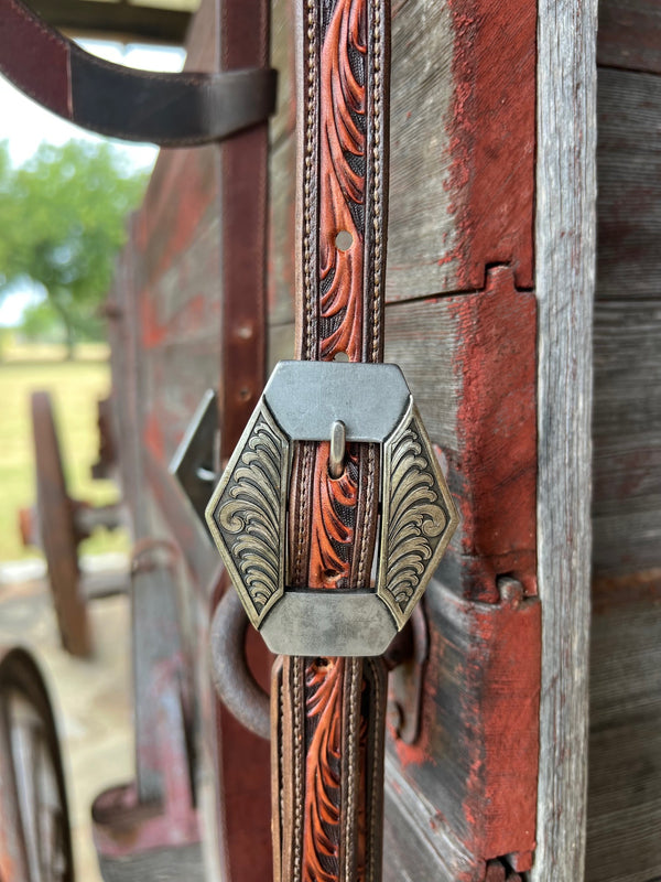 TM Leather Chocolate and Natural Tooled Ear Loop Headstall w/ Scroll Diamond Buckles
