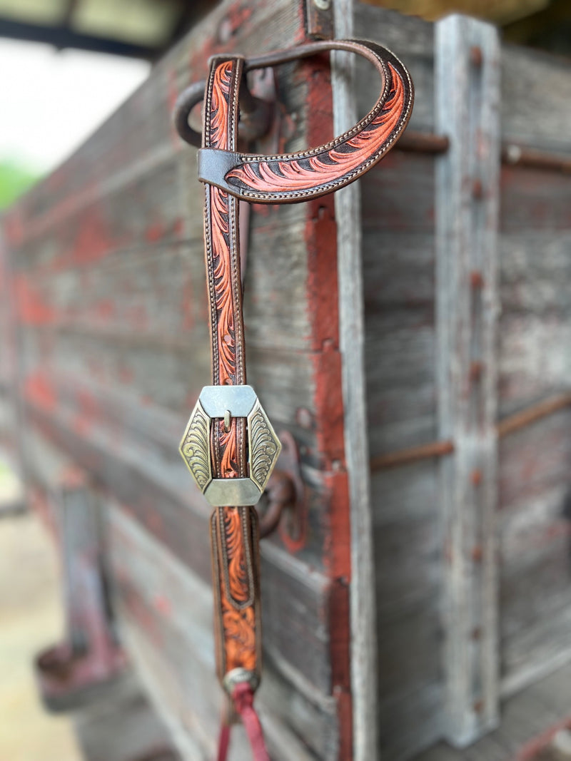 TM Leather Chocolate and Natural Tooled Ear Loop Headstall w/ Scroll Diamond Buckles