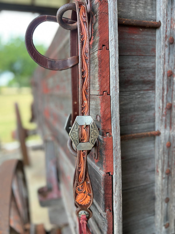 TM Leather Chocolate and Natural Tooled Ear Loop Headstall w/ Floral Diamond Buckles