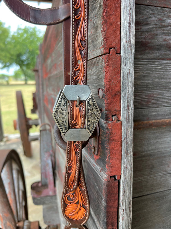 TM Leather Chocolate and Natural Tooled Ear Loop Headstall w/ Floral Diamond Buckles