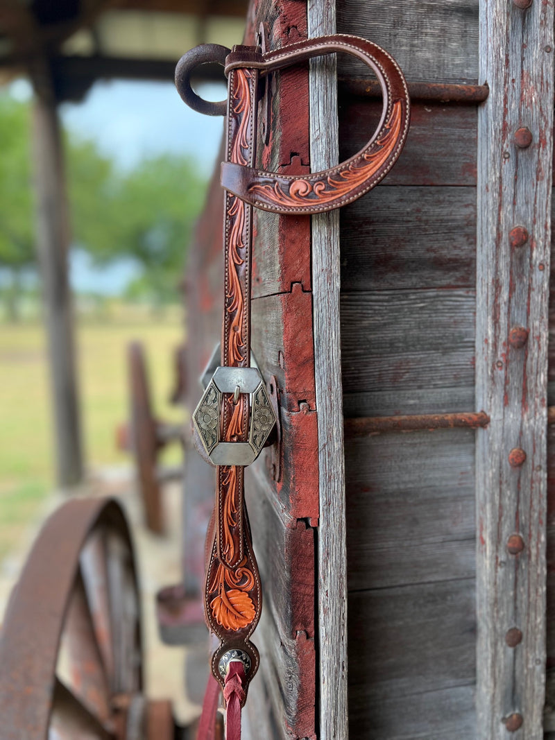 TM Leather Chocolate and Natural Tooled Ear Loop Headstall w/ Floral Diamond Buckles