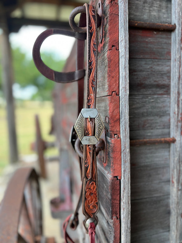 TM Leather Chocolate and Natural Tooled Ear Loop Headstall w/ Scroll Buckles