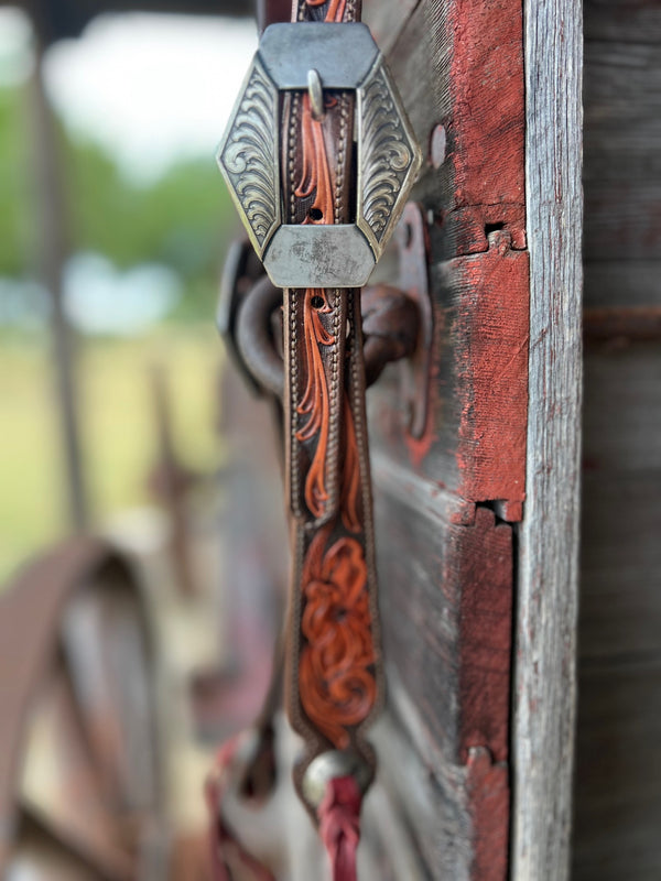 TM Leather Chocolate and Natural Tooled Ear Loop Headstall w/ Scroll Buckles