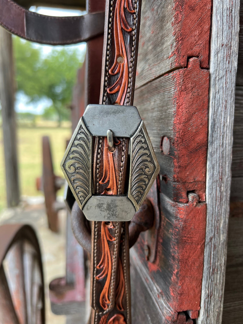 TM Leather Chocolate and Natural Tooled Ear Loop Headstall w/ Scroll Buckles