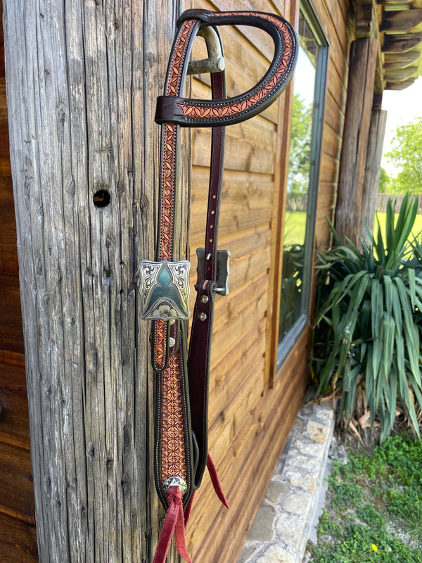 JD Geometric Basket Flower Stamped Ear Loop Headstall w/ Square Kerry Kelley Buckle