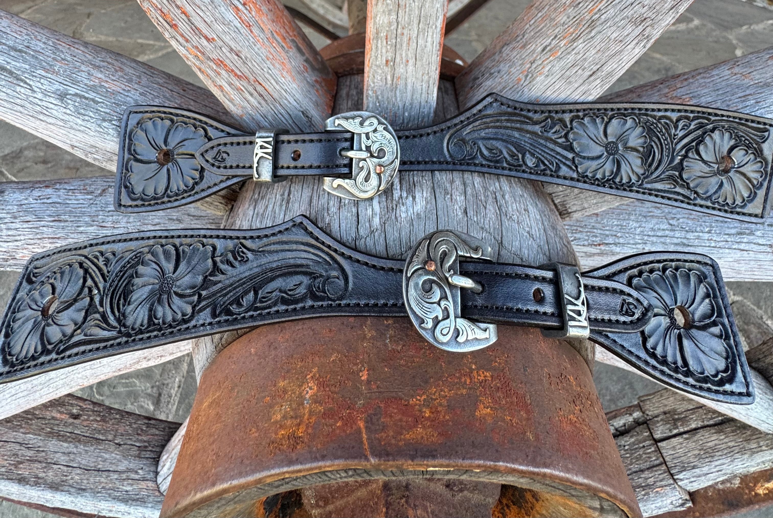 XXL - Jake Vance Black Floral Spur Straps - Square w/ Kerry Kelley Buckles