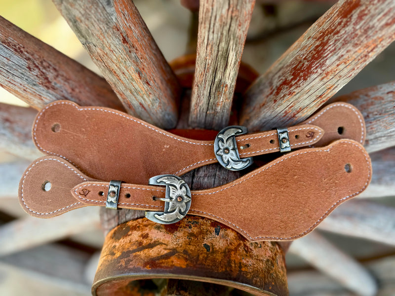 Jake Vance Medium Roughout Spur Straps - Curved Fancy Buckles