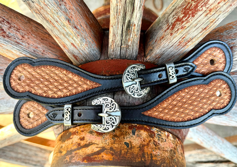 Jake Vance Small Two-Tone Black & Natural Spur Straps - Bowed Diamond